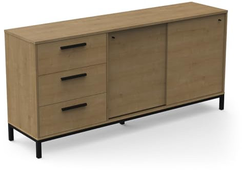 Buffet Bas Tendance 2 Portes Coulissantes & 3 Tiroirs – Style Industriel – Coloris Chêne Hamilton & Finitions Noir Mat - 181 x 86 x 45 cm