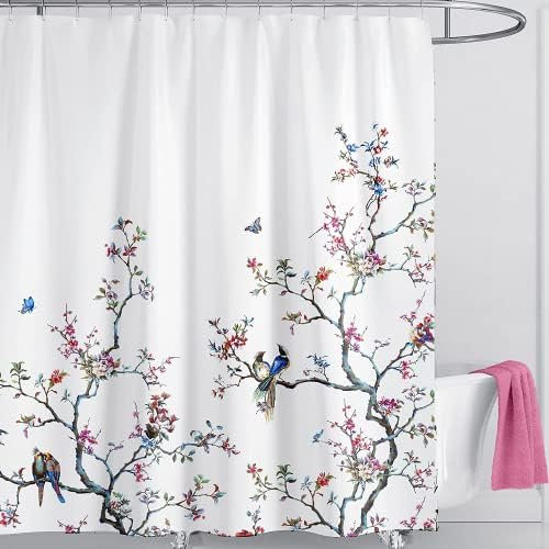 LIVETTY Cortina de ducha extralarga de 200 cm x 200 cm de caída, tela de mariposa floral, a prueba de moho, lavable, con 12 ganchos