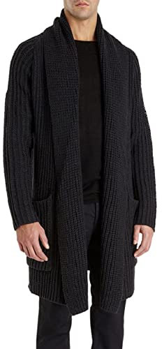 Runcati Mens Knitted Cardigan Long Shawl Collar Sweater Autumn Winter Chunky Knit Jacket Open Front Knitwear, Black, L