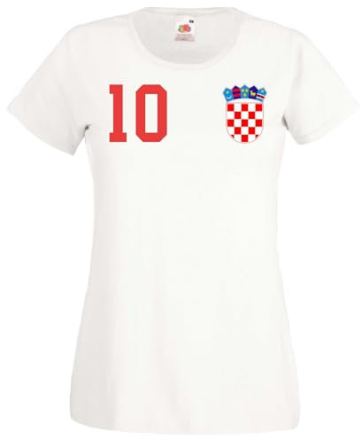 Kroatien Damen T-Shirt Hrvatska Fußball Trikot WM 2026 Fanartikel Personalisiert mit eigenem Namen + Nummer - Weiß S