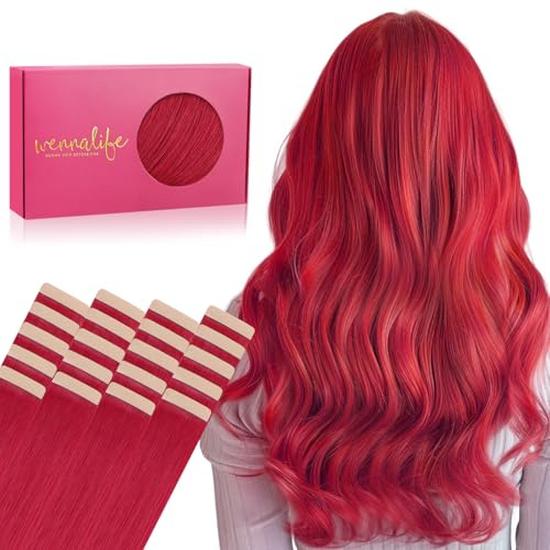 WENNALIFE Tape Extensions Echthaar, 20pcs 60g 65cm 26 Zoll Rot Remy Invisible Tape Extensions Seidig Gerade Echthaar Extensions Skin Weft Tape Ins