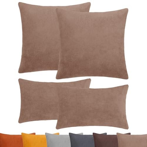 Selfitex 4er Set Cord Sofakissen 2X 30x50 + 2X 50x50, Couchkissen inkl. Füllkissen, samtiger Kissenbezug mit weicher Kissenfüllung, Flauschige Dekokissen für Wohn- & Schlafzimmer (Navares)