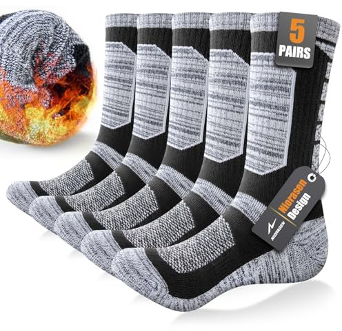 Niorasen Full Cushion Thermal Socks for Men, Thick Cotton Mens Work Socks, Padded Mens Warm Socks, 5 Pairs Crew Winter Sports Socks for Outdoor Walking Hiking Running Climbing, Black, 9-11