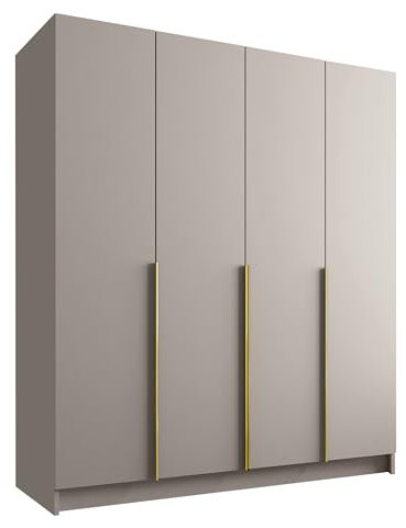 Mirjan24 Kleiderschrank mit Einlegeböden und Kleiderstange Salkor I, Vielseitiger Drehtürenschrank, Elegantes Kleiderschrank 4-türig (Cashmere/Cashmere + Gold)
