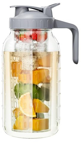 64 oz Fruit Water Infuser Pitcher, Heavy Duty Wide Mouth Glass Pitcher with Lid and Pour Spout, Tea Jug Airtight Seal for Freshness and Convenience, Great for Cold Beverages, Breast Milk