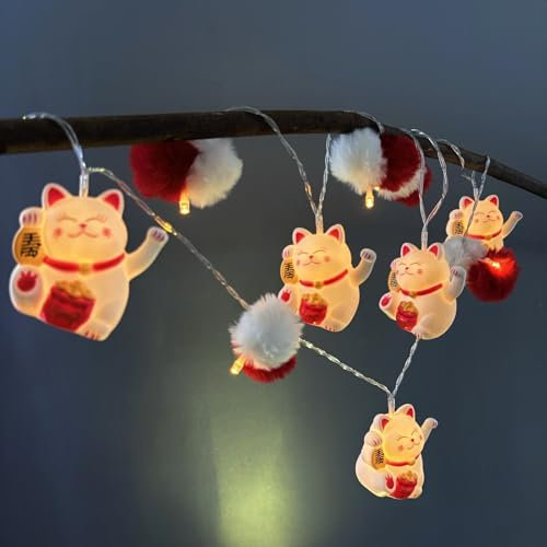 Riaxuebiy Pompons Glückskatzen Lichterkette,Batteriebetriebene Winkenden Armen Chinesische Katze und Pompons Lichterkette für Kinderzimmer,Schlafzimmer,Weihnachtsdekoration (1.65m/10led)