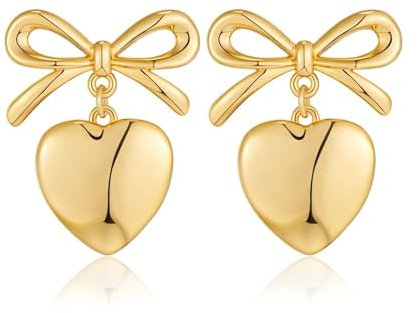 SIXDUTON Schleifen Ohrringe für Damen, Bogen Ohrstecker mit Herz Anhänger für Frauen, 18K Gold Hypoallergene Tropfen Ohrringe Schmuck Aesthetic Geschenk für Mädchen