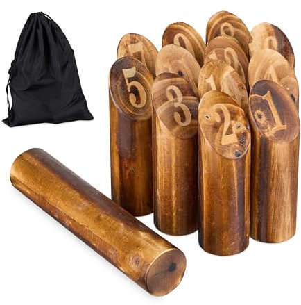 Relaxdays Kubb Juego, Ajedrez Vikingo, Piezas Madera, Exterior, con Números, para Adultos y Niños, con Bolsa, Marrón, 40 x 30 cm