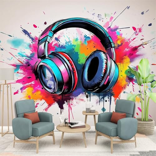 Art Fototapete Graffiti Popkultur Kopfhörer Vlies Tapeten 350 x 256 cm Wandtapete Wohnzimmer Schlafzimmer Blau Grau Geeignet für Kinderzimmer Schlafzimmer, Concealer TV-Hintergrundwand
