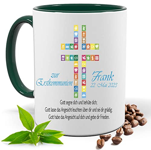 Kommunion Geschenk, bedruckte Tasse personalisiert mit Namen und Datum, Kreuz, Spruch |Geschenk Idee| Kaffee Tee Tasse | Fototasse, Motivtasse | Kaffeetasse, Teetasse |Keramik (Grün)