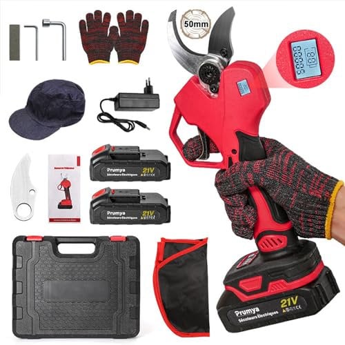 WUIETI Tijeras de Podar Eléctricas 50mm, Tijeras de Podar Batería Profesional con Batería y Pantalla LCD, Cuchillas Sharp Sk5, Ideal para la Poda de Jardinería y Árboles Frutales (Con 2 pilas)
