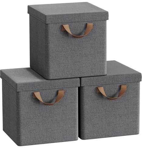 WOLTU Fabric Storage Boxes Set of 3, Folding Baskets with Lids, Handles, Metal Frame, Wardrobe Toy Organisers for Living Room, Bedroom, Office, Grey, 30x30x29cm