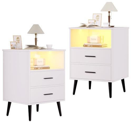 LVSOMT Nachttisch 2er Set mit Geheimfach und LED, Holz Nachttisch mit Drahtloses Ladefunktion, 3 Farben LED Licht, Metallgriffe und Füße, USB und USB-C, 3 Schubladen, Nachttische Schlafzimmer, Weiß