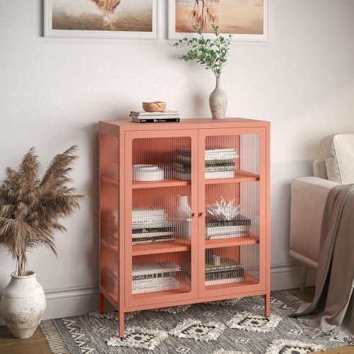 skølm Metallkommode mit Glastüren Norns, Sideboard, VitrinenSchrank Wohnzimmer Metallschrank Mehrzweckschrank terrakotta