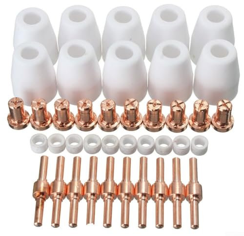 40-teiliges Plasmaschneider-Verbrauchsmaterial-Set für PT-31/LG-40/LGK-40 Taschenlampe (CUT-40/50), inkl. 10 Keramikdüsen + 10 für Vortex-Ringe + 10 Düsen + 10 Elektroden (30mm/15mm/39mm Größen)