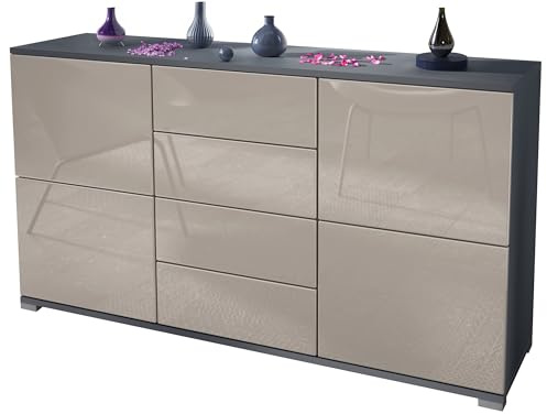 Vladon Sideboard Rova V1, Kommode mit 4 Türen und 4 Schubladen, Anthrazit matt/Sandgrau Hochglanz (138,5 x 75,5 x 35)
