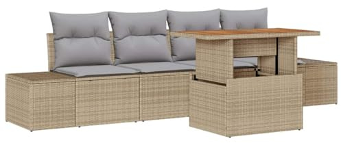 vidaXL Garten-Sofa-Set mit Speicher 5 pcs Beige Poly Rattan, Garten- und Terrassenmöbel, modernes Lounge-Set, wetterfestes Sofa, vielseitige Sitzmöglichkeiten, platzsparend