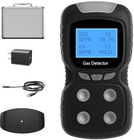 Fangxuee Monitor de 4 Gases, Detector de 4 Gases para H2S, CO, LEL y O2, Adopta un Chip de Adquisición ADC de Alta Precisión y un Nanoprocesador B de 32 Bits