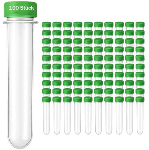 BURI 100x Petlinge mit grünem Deckel | Geocaching Behälter 12cm x Ø2,3cm | Robuste PET Rohlinge transparent | Wasserdicht, stapelbar, vielseitig für Outdoor & Basteln