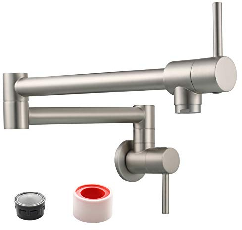 Tecmolog 360 Rotatable Kitchen Faucet Brushed Nickle Wall Mount Pot Filler Faucet Brass Double Handle Cold Water Tap, CT166NA