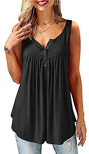 Beluring Women Sleeveless V Neck Top Vest Button up Tunic T Shirt Blouse Black Size 22 24