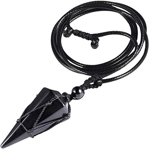 KYEYGWO Obsidian Sechseckiger Kristall Anhänger Halskette mit Einstellbare Lederseil, Polierte Quarz Spitz Stein Heilung Reiki Pendel Kette