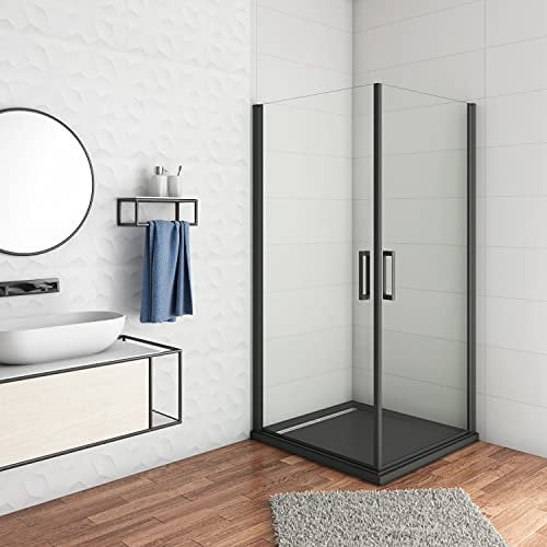 Box doccia angolare doppie porte apertura a battente vetro trasparente anticalcare 8mm profilo nero opaco doccia a filo pavimento 80x80x200cm