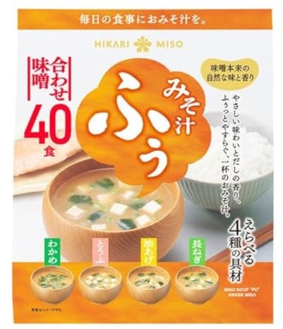 Hikari Miso Japanische Instant Miso-Suppe, 4 Geschmacksrichtungen, 40 Stück Miso-Suppen (Wakame, Frühlingszwiebeln, Tofu, frittierter Tofu)