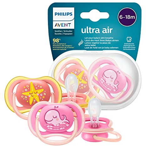Philips AVENT SCF085/04 2 sucettes ULTRA AIR - Rose - Décor Etoile/baleine 6/18 mois