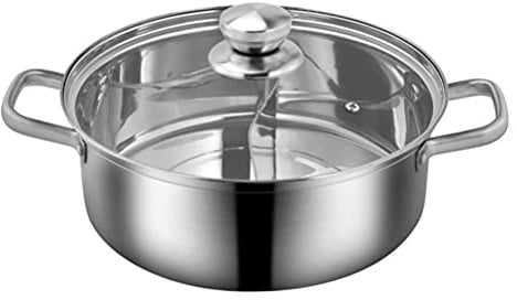 Luxshiny Stainless Steel Hot Pot with Divider Metal Induction Cooker Pot Shabu Shabu Pot Non- Stick Cooking Pot Kitchenware for Induction Cooktop Gas Stove 30cm Silver