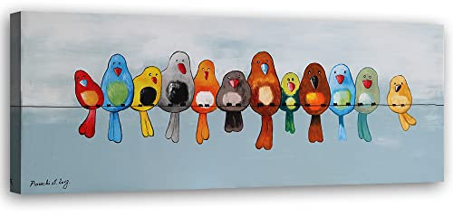 Feeby Vlies Leinwandbild Abstraktion Bunte Vögel Draht 90x30 cm Wand Bild Kunstdruck Deko Wohnzimmer Wohnungs Deko Leitung Gemälde Bewölkter Himmel mehrfarbig