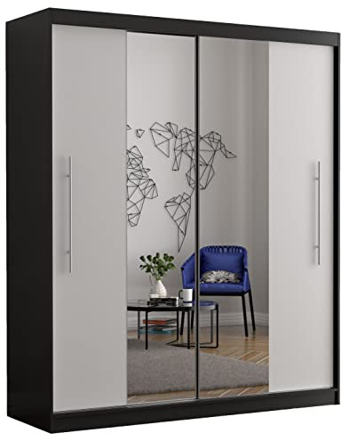 Fabryka Mebli Idźczak Kleiderschrank mit Spiegel, Wohnzimmerschrank - Weiß, Schwarz Schwebetürenschrank, Schlafzimmerschrank - ‎58 x 204 x 218 cm - Schrank für Schlafzimmer, Wohnzimmer, Garderobe