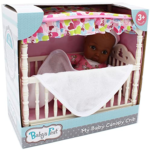 Baby's First African American Canopy Crib with 9 Soft Body Doll & Baby Blanket - Child Safe for Children 3 Years & Up