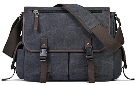 Vintage Canvas 15,6 pollici Messenger Bag per Uomini Donne, Laptop Bag College Satchel Borsa A Tracolla Da Viaggio Valigetta, nero