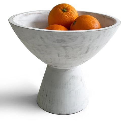 Fairwood Way Weiße Obstschale – 20,3 cm breit, weiße Obstschale aus Holz auf Sockel – für Küste, Shabby Chic, rustikale oder Bauernhaus-Mittelstück – weiß gekalkt