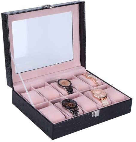 Cyrank Uhrenbox-Organizer Für Frauen, Rosa Uhrenständer Uhrenvitrine Tragbare Schmuckvitrine 10-Schlitz-Uhrenetui Krokodilmuster Uhrenorganizer Uhrenaufbewahrungskoffer