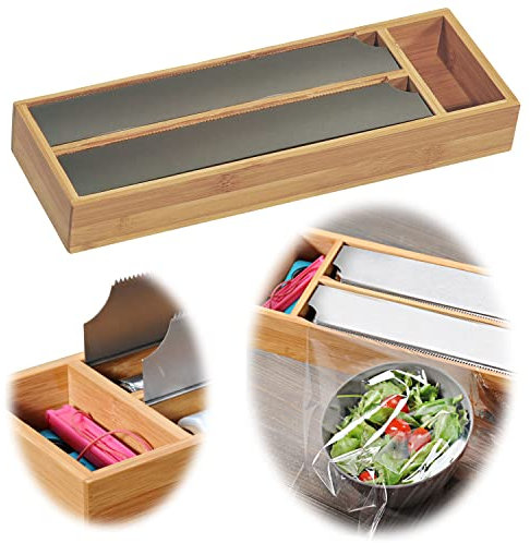LS-LebenStil 3-Fach Holz Folienspender FSC Bambus Braun Schubladen Alufolienspender Folienschneider Alufolie Alufolien-Spender Frischhaltefolie Folienabroller