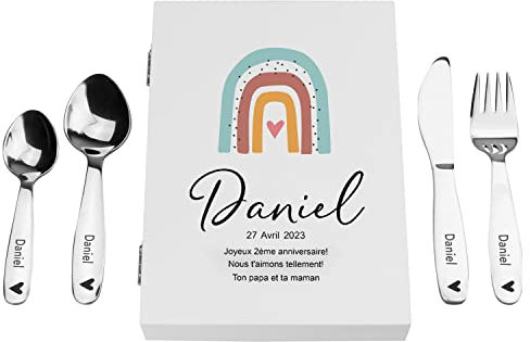 LAUBLUST Couverts Enfant Personnalisable avec boîte Cadeau personnalisée en Bois - Cadeau Bebe personnalisé - Arc-en-Ciel - 4 pièces - Acier Inoxydable