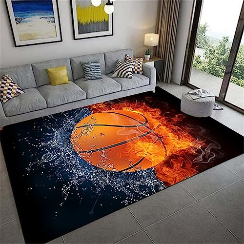 WENYAPJYC Orange Schwarz 3D Basketball Quadratisch Teppich Jugendzimmer Jungen Mädchen Antirutsch Waschbar Wohnzimmer Schlafzimmer Zimmer (Farbe 3, 100x150 cm)