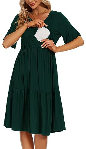 Smallshow Women's Maternity Nursing Dress Ruffle Short Sleeve Breastfeeding Clothes, Deep Green, L