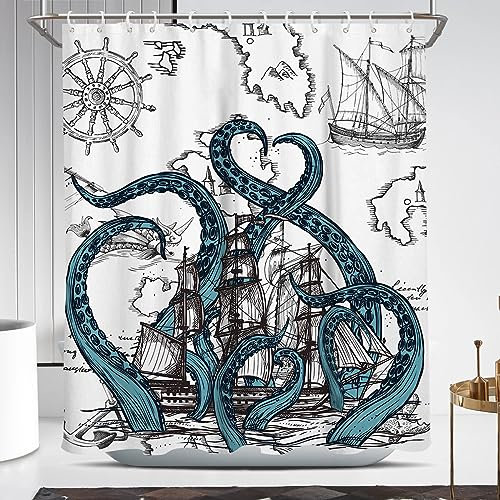 Coxila Nautischer Oktopus-Duschvorhang, lustig, cool, Kraken, Küste, Piratenschiff, Weltkarte, Herren, Anime, Vintage, Ozean, einzigartiges Abenteuer, Neuheit, Erwachsene, Meer, seltsam, 152 x 183 cm,