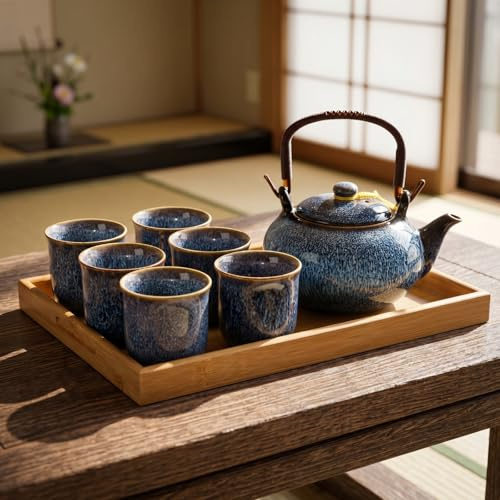 Layhit Juego de té japonés asiático para adultos con 1 tetera, 6 tazas, 1 bandeja, tradicional portátil, horno japonés, esmalte alterado, juego de té de porcelana para mujeres, regalos del día de la