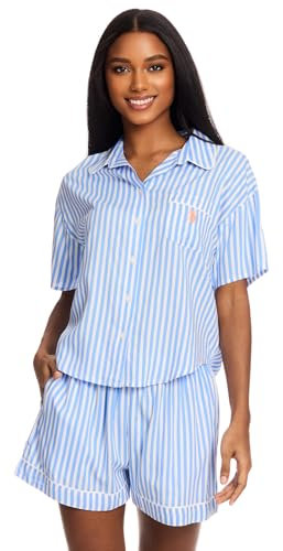 U.S. Polo Assn. Sommer-Pyjama für Damen, gewebtes Pyjama-Set mit Knopfleiste und Shorts, Lounge-Sets für Damen, Vista, Blau, XL