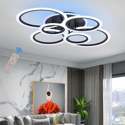 STCH Deckenlampe LED Deckenleuchte, Kronleuchter Modern Wohnzimmer Lampe Decke 80W Dimmbar,Schlafzimmerlampe 6 Rund mit Fernbedienung Multifunktional Deckenbeleuchtung für Flur Küche Balkon,Schwarz