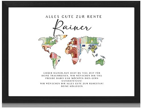 Milaboo® personalisiertes Geldgeschenk zur Rente Weltkarte I besonderes Ruhestand Geschenk I Hahnemühlen Papier A3 A4 A5 optional mit Bilderrahmen