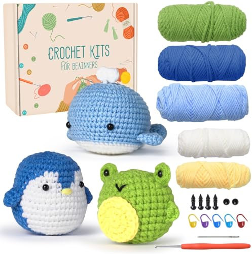 Jodimitty Häkelset Tiere Häkeln für Anfänger Erwachsene 3 Stück (Pinguin & Wal & Frosch) All-in-One Häckeltierchen Set Crochet Set mit Anleitung, Häkelzubehör DIY Bastelgeschenke
