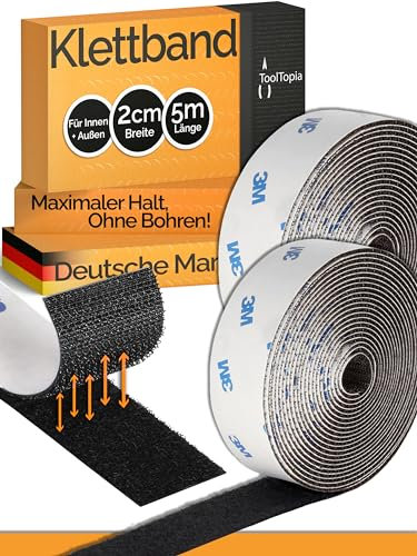 Klettband Selbstklebend Extra Stark Outdoor & Indoor (3M Markenkleber), 20mmx5m schwarz, Klett I Klettverschluss Klebeband, Tape für DIY, Basteln, Haushalt, Nähen...ToolTopia Handwerksqualität