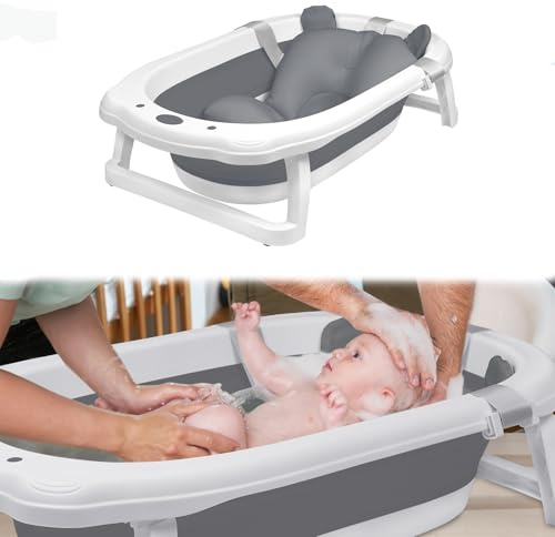 YUENFONG Baignoire pour bébé, pliable, en polypropylène, antidérapante, grise avec coussin d'assise