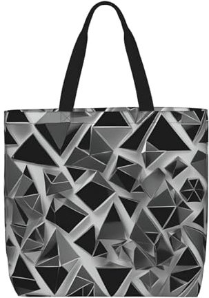 SSIMOO Trendige modische Einkaufstasche mit Reißverschluss, Einkaufstasche und Umhängetasche, Gelb, Silberne geometrische Figur, Einheitsgröße
