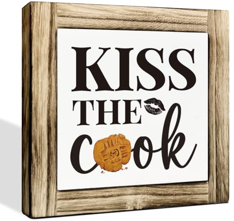 Kiss the Cook-Schild, Geschenk für Herd, Heimdekoration, lustiges Küchenschild, Box-Schild, Holz-Schreibtischschild, Dekoration, moderne Bauernhaus-Heimdekoration, Einweihungsdekoration,